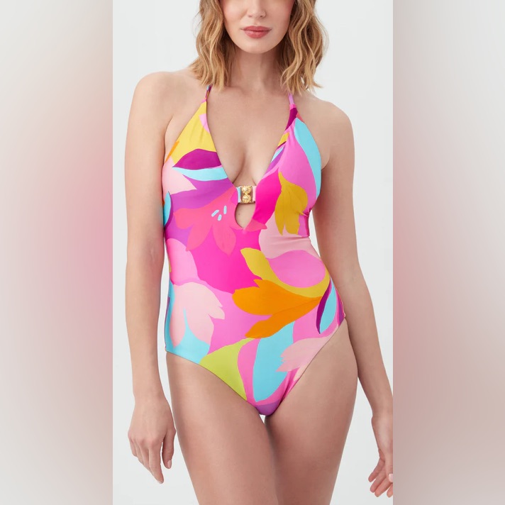 Trina Turk Lillath Vibrant Floral Halter Top One Piece Swimsuit Nwt